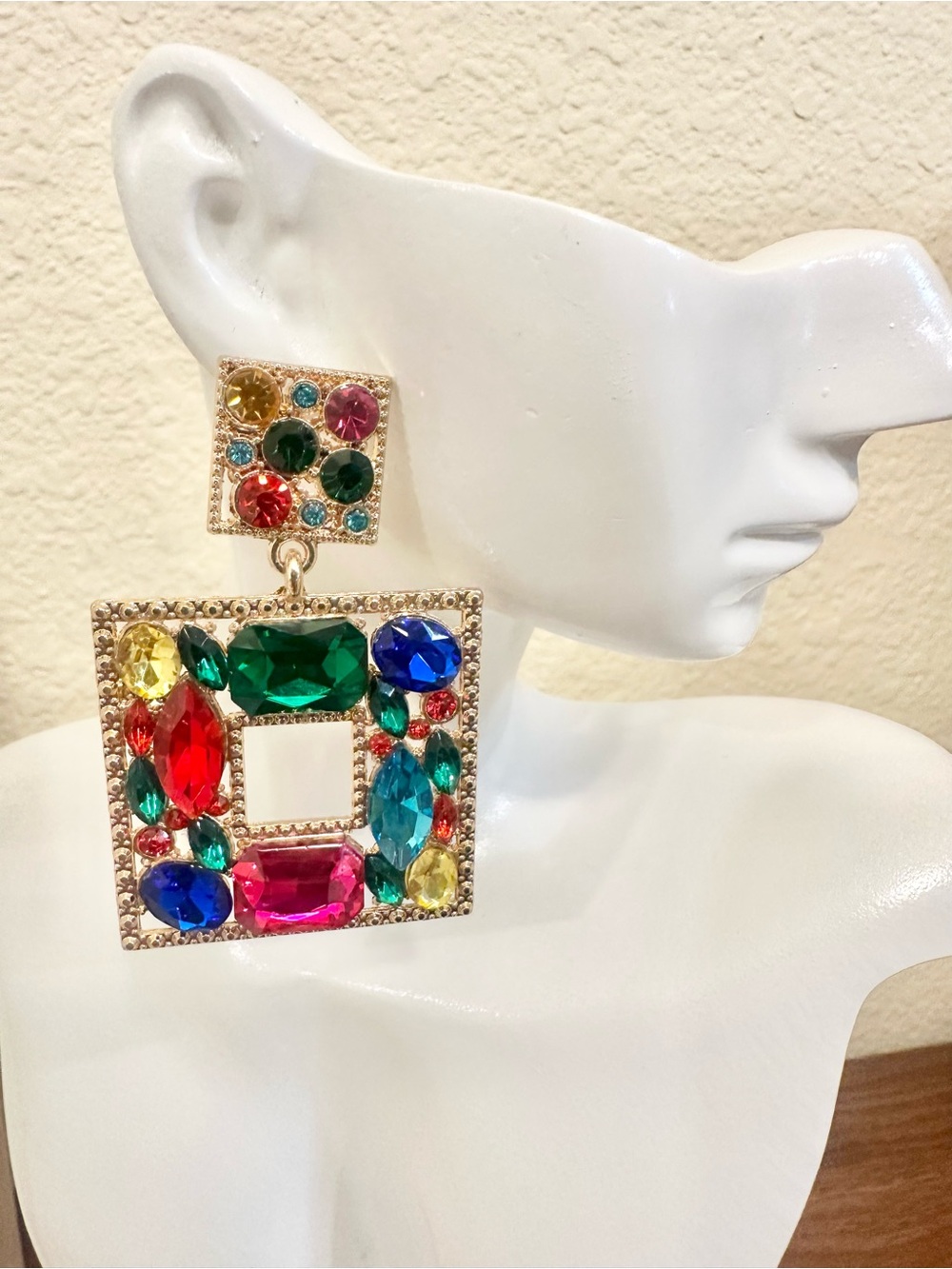 Colorful Crystals Square Drop Earrings - Gold-Tone